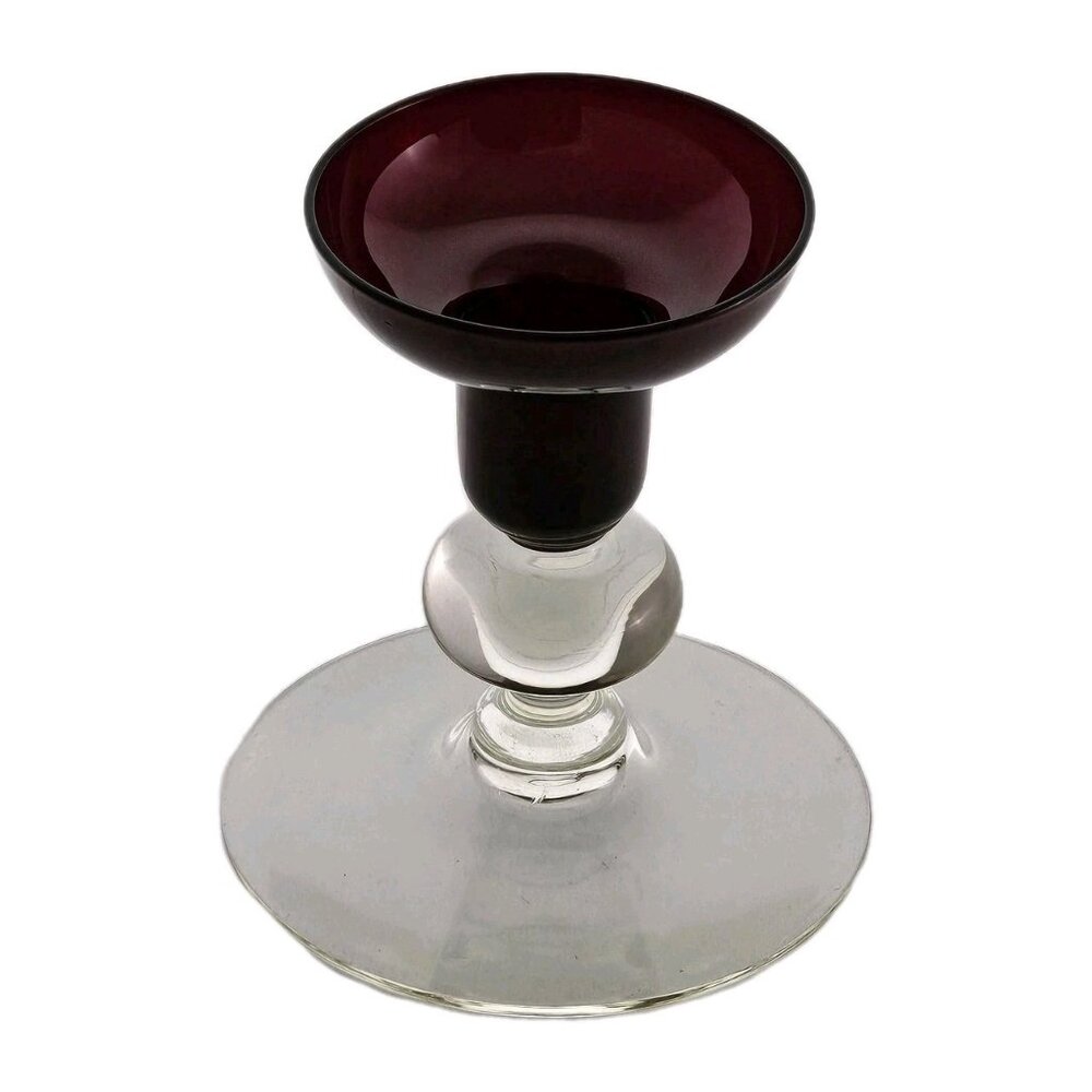 Ruby Red Glass Candlestick Clear Footed Ball Stem 4" vtg colorblock taper candle - Picture 2 of 5